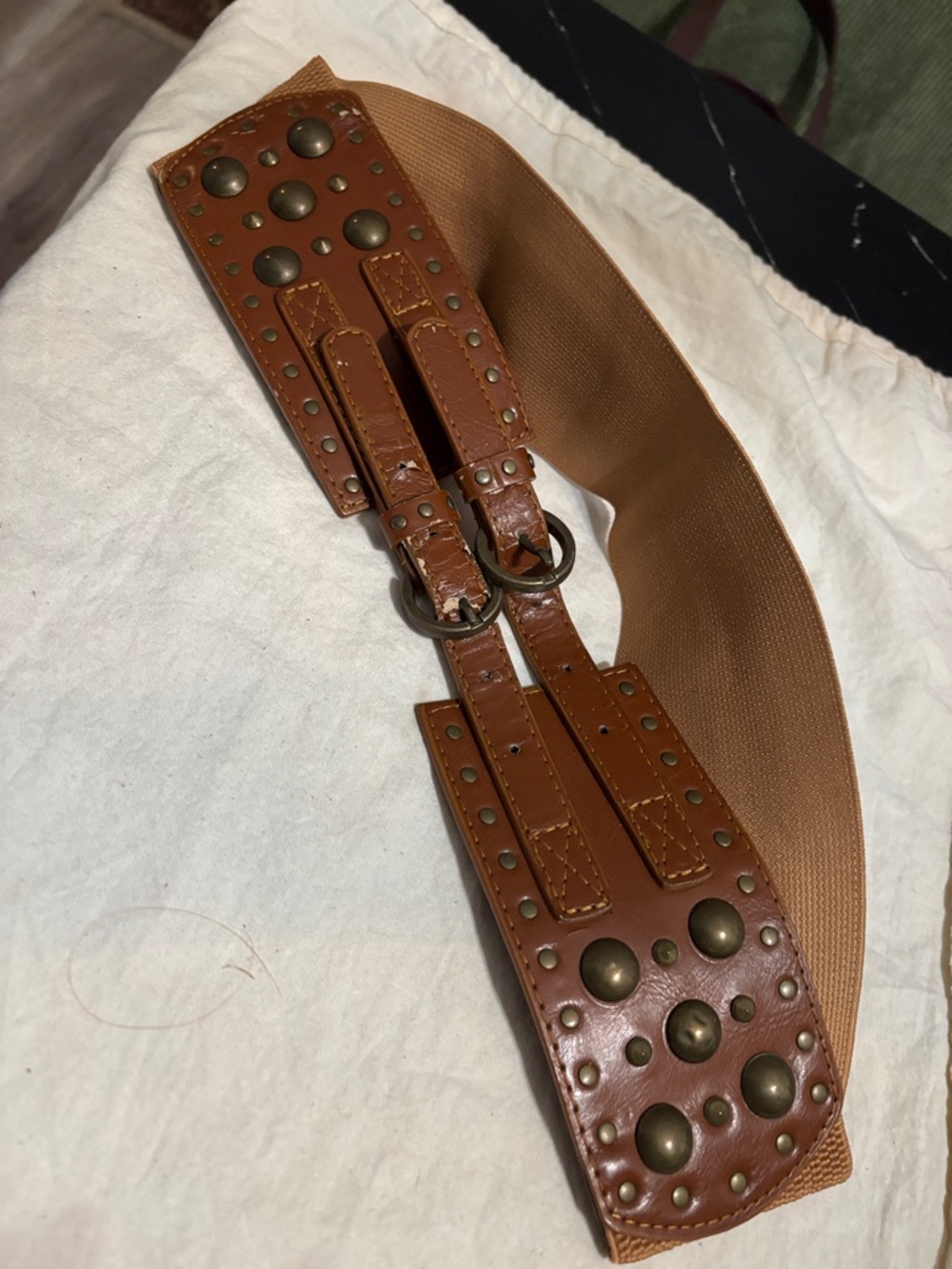 Source Unknown Tan Brown Studded Wide Elastic Belt
